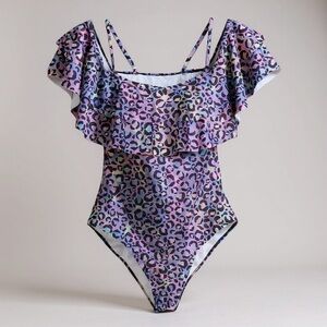 Girls Juniors One Piece Swimsuit Ruffled Off Shoulder RainbowCheetah Print S NEW